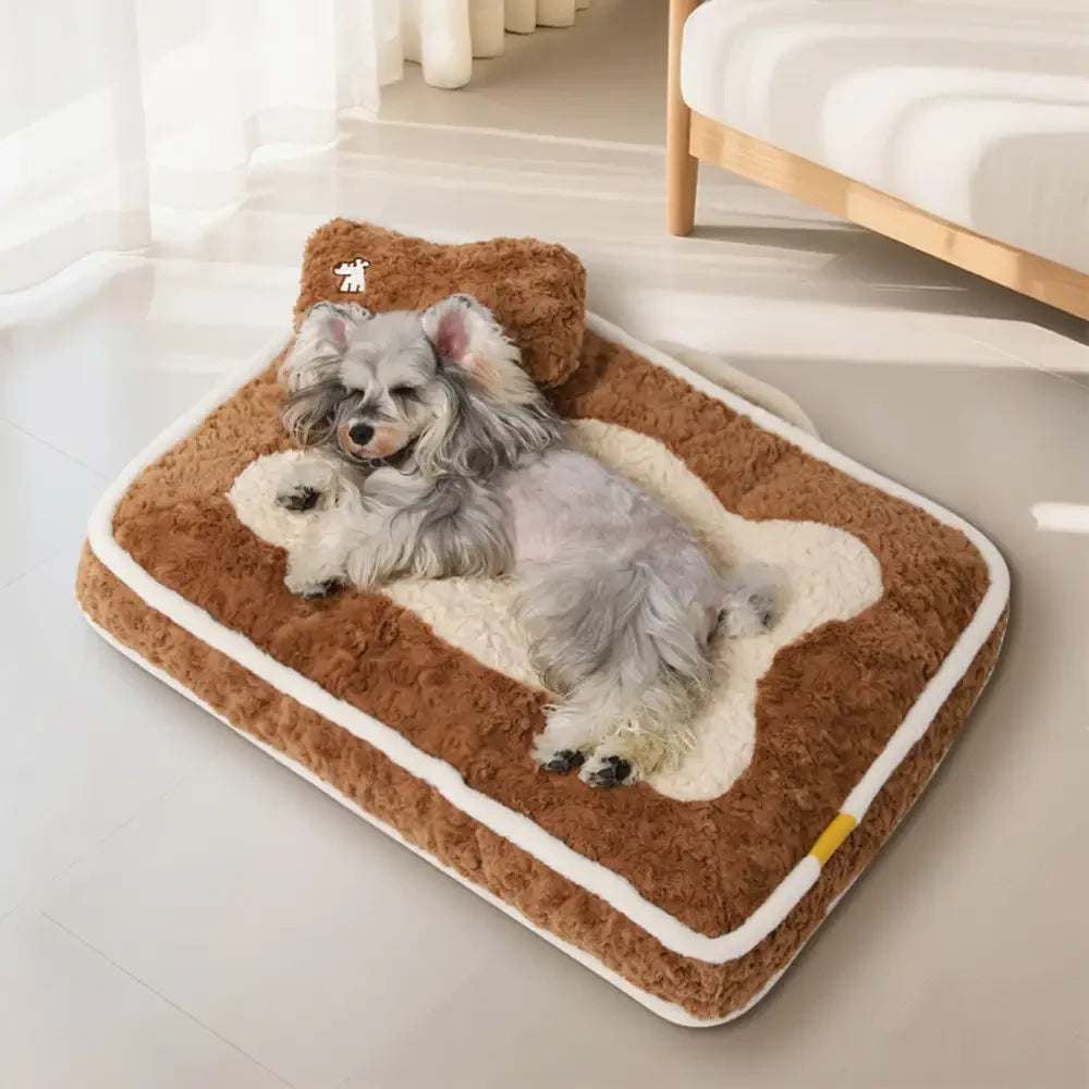 Flat Plush Dog Bed with Bone Design