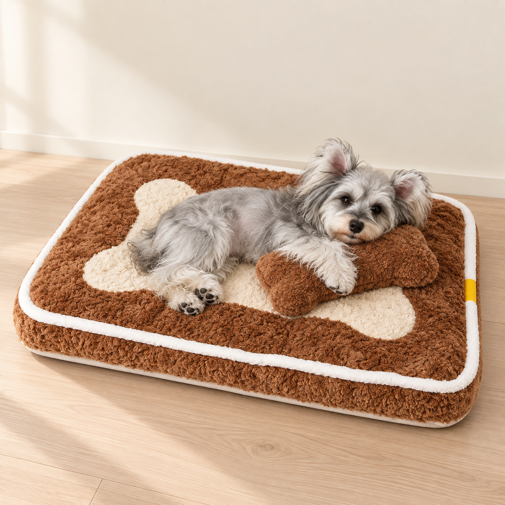 Flat Plush Dog Bed with Bone Design