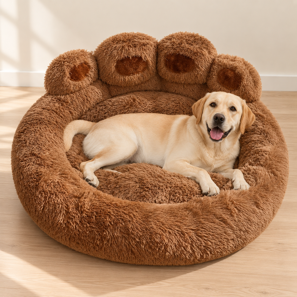 Round Paw-Shaped Fluffy Dog Bed
