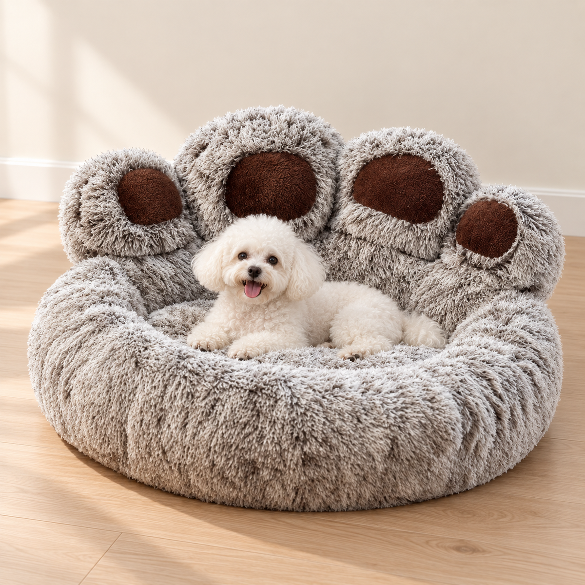 Round Paw-Shaped Fluffy Dog Bed